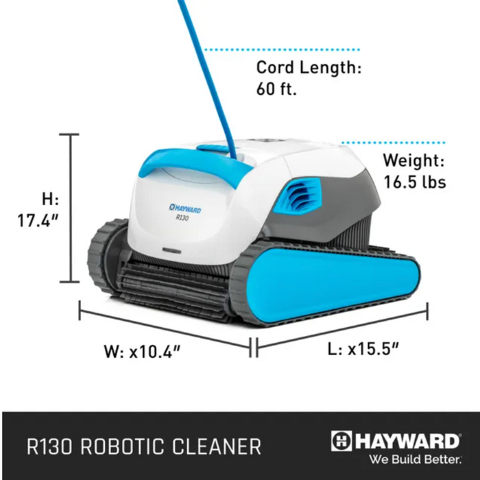 The Hayward R130 Robotic Cleaner for pools up to 50 feet features smart navigation technology, measuring 17.4 inches in height, 10.4 inches in width, and 15.5 inches in length with a cord length of 60 feet and a weight of 16.5 pounds. "We Build Better.