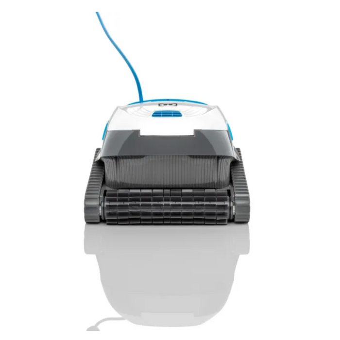 Hayward's R130 Robotic Cleaner is designed for pools up to 50 feet and features a blue power cord, tracks and brushes at the base for efficient pool cleaning. Equipped with smart navigation technology, it sets new standards among pool cleaners for thorough and effective maintenance.