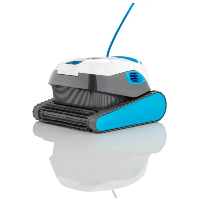 The Hayward R130 Robotic Cleaner, designed for pools up to 50 feet, features smart navigation and treads with a sleek blue and white design on a white background, connected by a blue cable.
