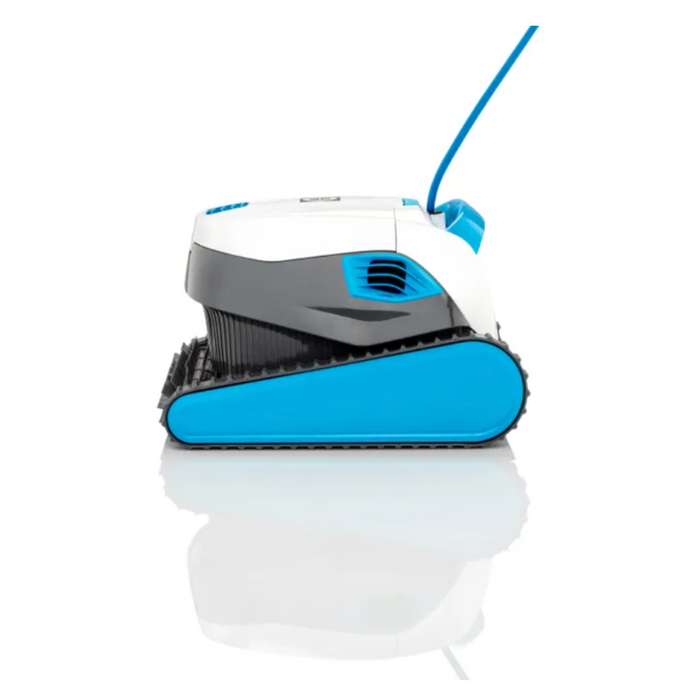 Side view of the Hayward R130 Robotic Cleaner for up to 50' pools, featuring a blue and white design with a short blue cable attached, showcasing its smart navigation capabilities.