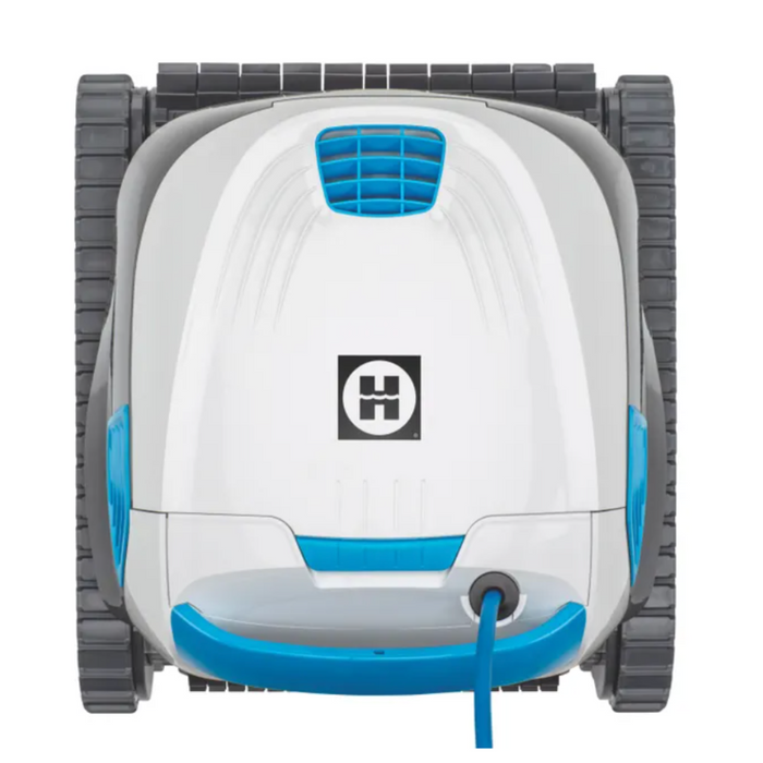 Top view of the Hayward R130 Robotic Cleaner, designed for pools up to 50 feet, showcasing its white and blue color scheme with tank-like treads, smart navigation capabilities, and a central black Hayward logo.