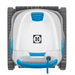 Top view of the Hayward R130 Robotic Cleaner, designed for pools up to 50 feet, showcasing its white and blue color scheme with tank-like treads, smart navigation capabilities, and a central black Hayward logo.