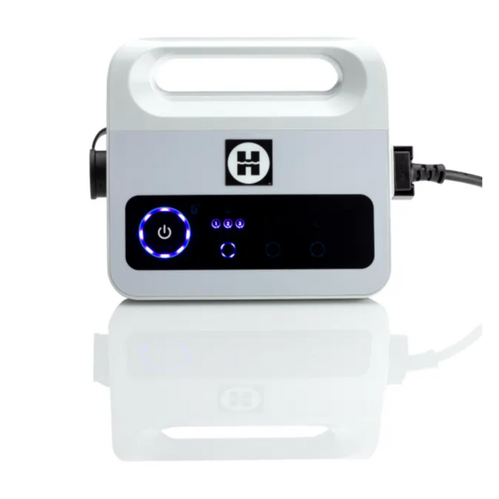 Introducing the Hayward R130 Robotic Cleaner - Up to 50' Pool, a white portable electric generator equipped with a black control panel, blue LED lights, and a power button. It showcases smart navigation features and is connected by a cable, ensuring optimal cleaning performance for your pool.