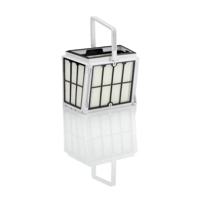 A rectangular air filter with a handle on top, featuring white pleated material and a black frame, sits beside the Hayward R130 Robotic Cleaner by Hayward on a reflective surface.
