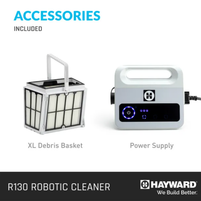 Hayward R130 Robotic Cleaner - Up to 50' Pool by Hayward, featuring smart navigation, an XL debris basket, and a power supply accessory. "ACCESSORIES INCLUDED" text at the top. Ideal for those seeking efficient pool cleaners.
