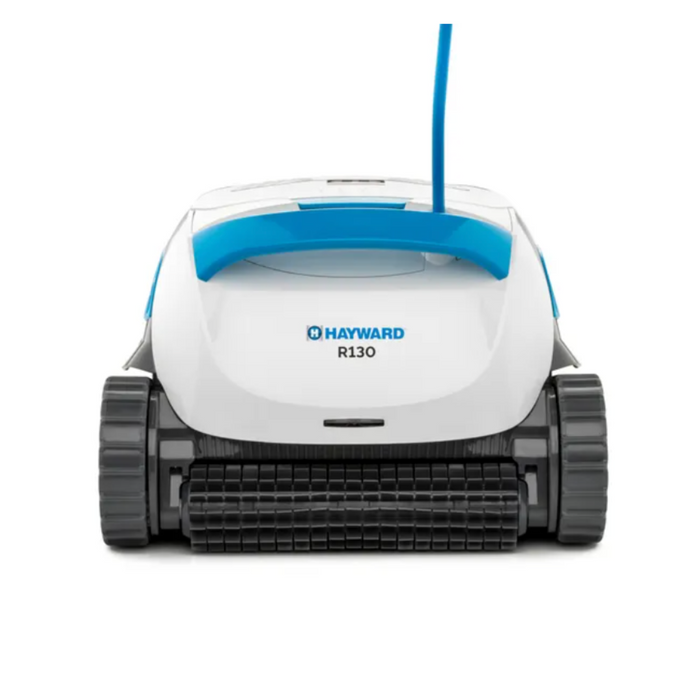 Front view of the Hayward R130 Robotic Cleaner, designed for pools up to 50 feet, showcasing a sleek white and blue exterior with smart navigation and tank-like tracks.