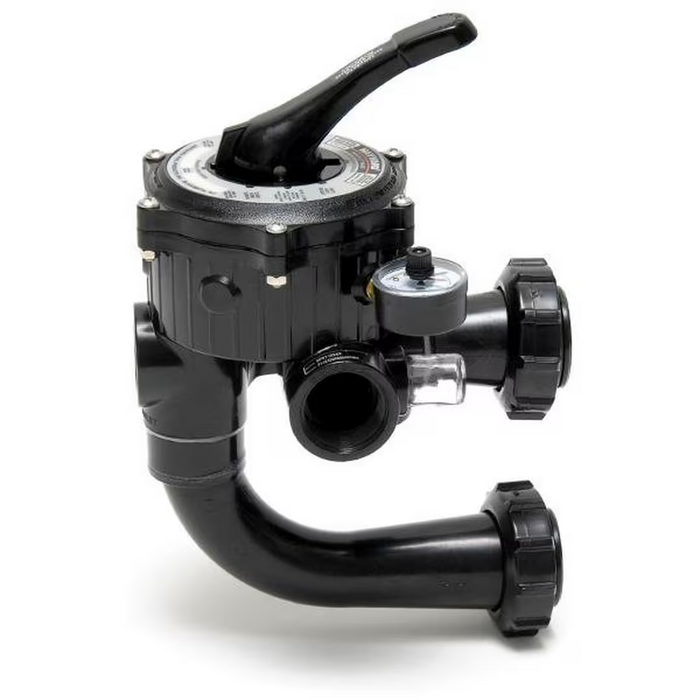 A Hayward SP0710X62 Side Mount Multiport Backwash Valve for Sand Filters, featuring a handle, pressure gauge, and 1-1/2" port connections, displayed on a white background.