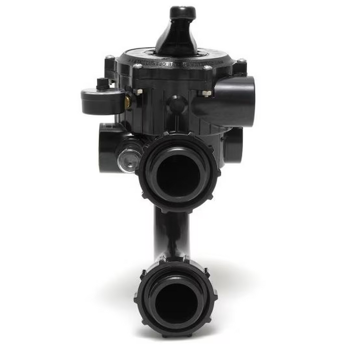 Detailed view of a black multiport valve for a pool or spa filtration system, showcasing multiple ports and handles. This high-quality Hayward SP0710X62 Side Mount Multiport Backwash Valve with 1-1/2" ports is essential for sand swimming pool filters, ensuring efficient backwash and optimal performance.