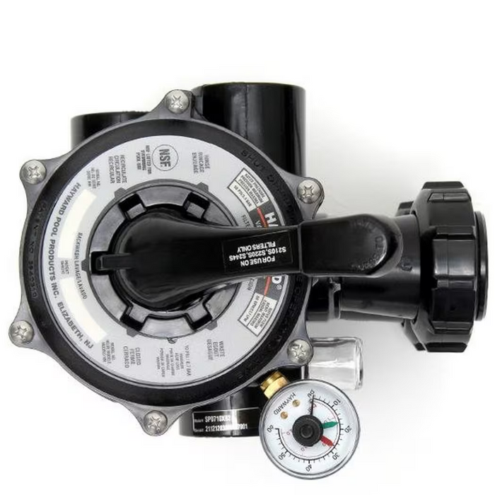 Top view of the Hayward SP0710X62 Side Mount Multiport Backwash Valve with a pressure gauge attached; ideal for use with sand swimming pool filters.