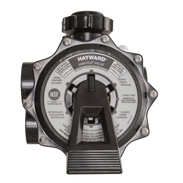 Close-up of the Hayward SP0715X62 Vari-Flo Side Mount Multiport Valve with 2" Ports for Sand Filters, featuring multiple settings for filtering, backwashing, and recirculation, designed to optimize your swimming pool's performance.