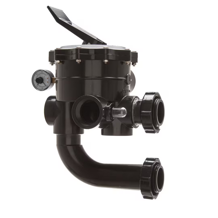 The Hayward SP0715X62 Vari-Flo Side Mount Multiport Valve, featuring 2" ports, a pressure gauge, and a top handle, is ideal for sand filters and water systems.