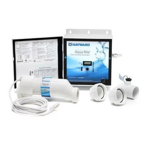 Hayward W3AQR3 AquaRite Salt Chlorine Generator Cell Kit (for 15K gal pool) and accessories, including control box, cables, and tubing parts, on a white background.