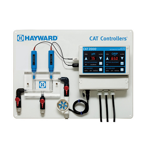 The Hayward CAT 2000 Professional Package Automated Water Chemistry Controller, offered by Hayward, features digital screens that display pH and ORP levels and integrates chemical automation for optimal water quality management with various control and input ports.