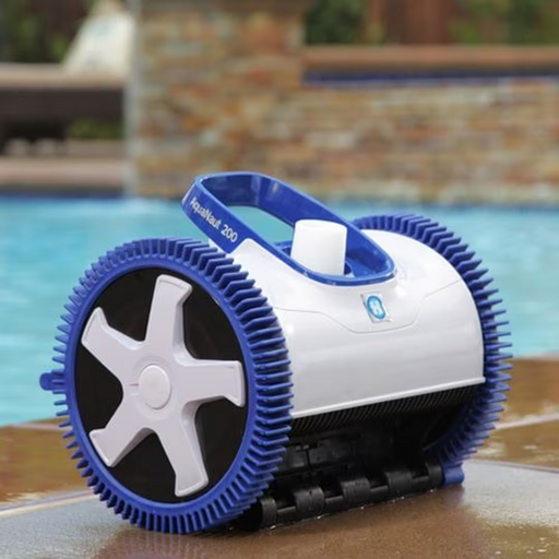 A Hayward W3PHS21CST Aquanaut 200 Suction Side Pool Cleaner 2WD, mostly white with blue accents, is positioned beside a swimming pool.