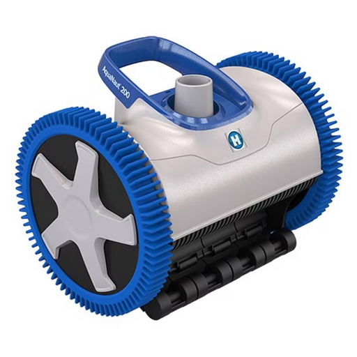 The Hayward W3PHS21CST Aquanaut 200 Suction Side Pool Cleaner 2WD by Hayward is a blue and white robotic pool cleaner featuring two large ridged wheels and a handle on top, designed to ensure your pool remains sparkling clean.