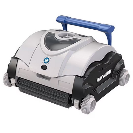 The Hayward W3RC9742CUBY SharkVAC Robotic Cleaner showcases a blue handle with a grey and black body, featuring treads, rotating brushes, and a 50' cord. It also includes a convenient Caddy Cart for easy transport.