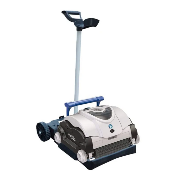 Introducing the Hayward W3RC9742WCCUBY SharkVac XL Robotic Cleaner with Caddy, a stylish white and black pool cleaner designed for easy transport with its convenient handle and wheels. Equipped with a top-access filter for hassle-free maintenance, it also features smart steering technology to ensure thorough cleaning of your pool.