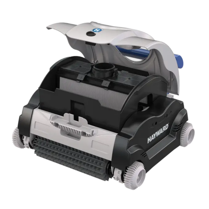 A Hayward W3RC9742WCCUBY SharkVac XL Robotic Cleaner with Caddy featuring an open lid that reveals the top-access filter compartment and wheels visible on the side.