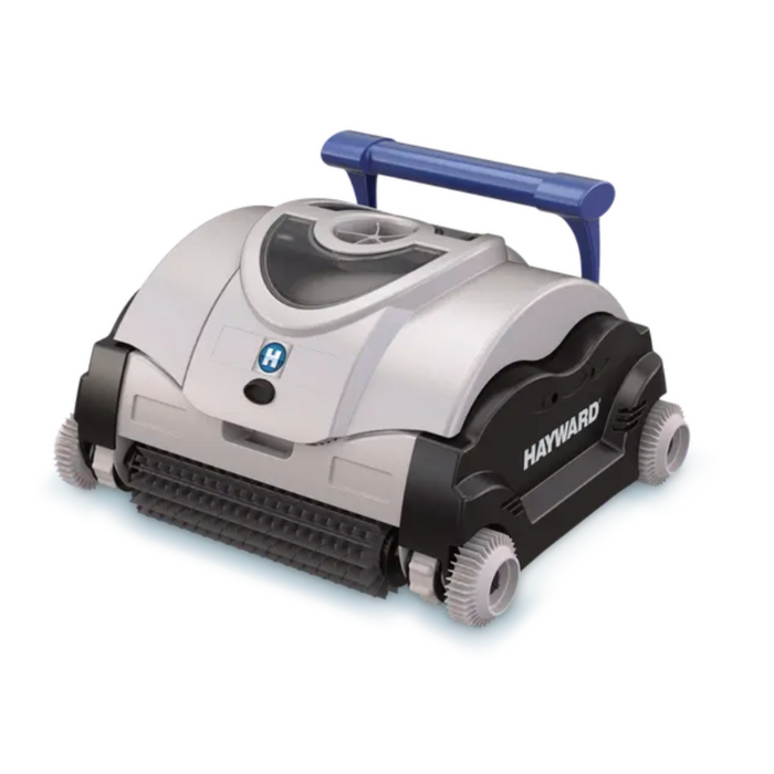 Image of the Hayward W3RC9742WCCUBY SharkVac XL Robotic Cleaner with Caddy by Hayward, showcasing its gray and black body, blue handle on top, and advanced smart steering technology for efficient navigation.