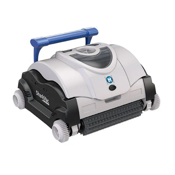 Introducing the Hayward W3RC9742WCCUBY SharkVac XL Robotic Cleaner with Caddy, an automatic pool cleaner featuring a sophisticated gray and black body design, a blue handle for easy maneuverability, and smart steering technology.