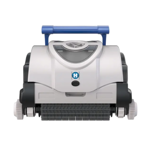 Front view of the Hayward W3RC9742WCCUBY SharkVac XL Robotic Cleaner with Caddy, showcasing a handle, brushes, and wheels in a sleek gray and black color scheme. This unit features smart steering technology and a top-access filter for easy maintenance.