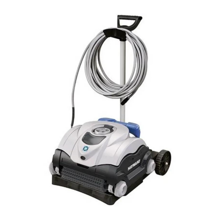 The Hayward W3RC9742WCCUBY SharkVac XL Robotic Cleaner with Caddy, equipped with wheels, a handle, and a coiled cable resting on a stand, features smart steering technology and a top-access filter for easy maintenance.