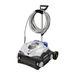 The Hayward W3RC9742WCCUBY SharkVac XL Robotic Cleaner with Caddy, equipped with wheels, a handle, and a coiled cable resting on a stand, features smart steering technology and a top-access filter for easy maintenance.