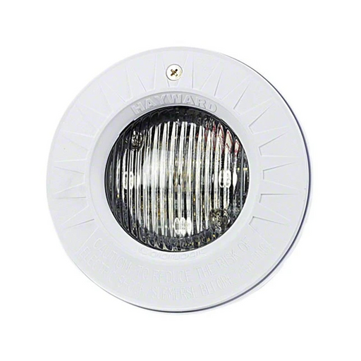 Round, white pool light fixture with a transparent, ribbed cover and the text label "Hayward" on the top, this Hayward W3SP0535LED100 ColorLogic 4.0 LED Spa Light with a 100 ft cord and plastic trim promises top-notch illumination for your aquatic haven.