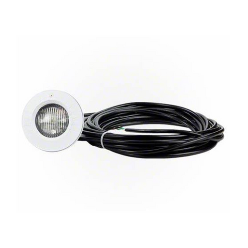 A round Hayward W3SP0535LED100 ColorLogic 4.0 LED Spa Light with a plastic trim and a white faceplate, connected to a 100 ft lengthy black cable coiled neatly, perfect for enhancing your space.