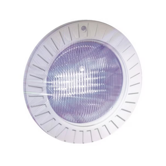 Presenting the Hayward W3SP0535LED100 ColorLogic 4.0 LED Spa Light with a 100-foot cord and durable plastic trim, featuring a recessed circular design with grooved edges and a translucent cover that emits a soft white glow. This refined lighting solution is reminiscent of the elegance typical of ColorLogic Lights used in luxury pool and spa environments.