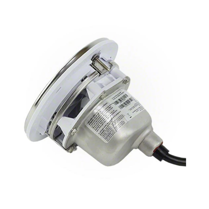 The Hayward W3SP0535SLED100 ColorLogic 4.0 LED Spa Light, featuring a 100' cord and stainless trim, is a metallic and white inground pool light fixture shown on a white background. Ideal for pool lighting, it brings vibrant and efficient illumination to your water oasis.
