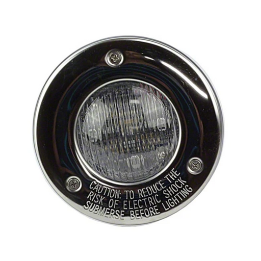 Close-up of a round underwater pool light featuring a cautionary label about submersing before lighting to reduce electric shock risk. The Hayward W3SP0535SLED100 ColorLogic 4.0 LED Spa Light with a 100' cord and stainless trim ensures vibrant and safe pool lighting.
