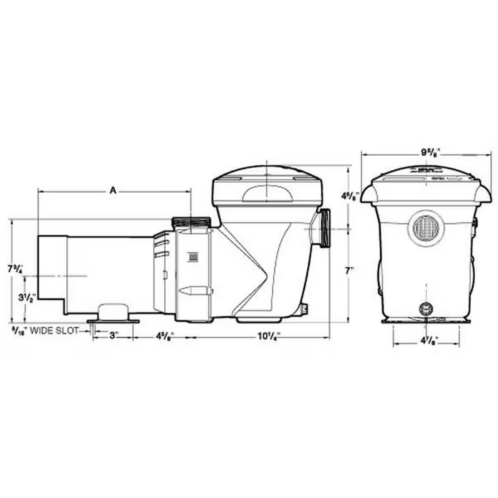 Technical drawing of the Hayward W3SP1592 PowerFlo Matrix 1.0HP 1-Speed Above Ground Pool Pump 115V, showcasing side and front views with detailed measurements.