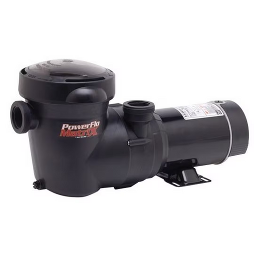 A Hayward W3SP1592 PowerFlo Matrix 1.0HP 1-Speed Above Ground Pool Pump in black, featuring a cylindrical body and multiple outlets, displayed against a white background.