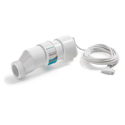 A white medical device with a turbine and cable, labeled "Hayward W3T-CELL-15 TurboCell Salt Cell," designed for respiratory support or ventilation equipment, and comparable in efficiency to the Hayward Turbo Cell model, featuring a 15 ft. cord suitable for use with up to 40k gallon systems.