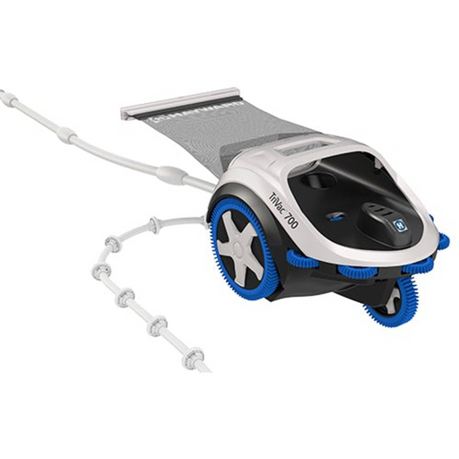 A robotic pool cleaner from Hayward with wheels, labeled "W3TVP700C TriVac 700," featuring AquaDrive technology and connected to a long cable.