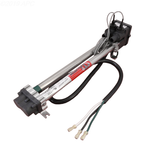 A HydroQuip 26-C3160-1S 6KW Double-Barrel Heater Assembly Balboa in silver and black metal with wires and connectors attached.