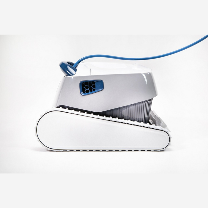 Side view of the Pentair 360322 Prowler 920 Inground Robotic Pool Cleaner, featuring a white and blue design, tank-like tracks, and a top-access filtration basket on a white background.