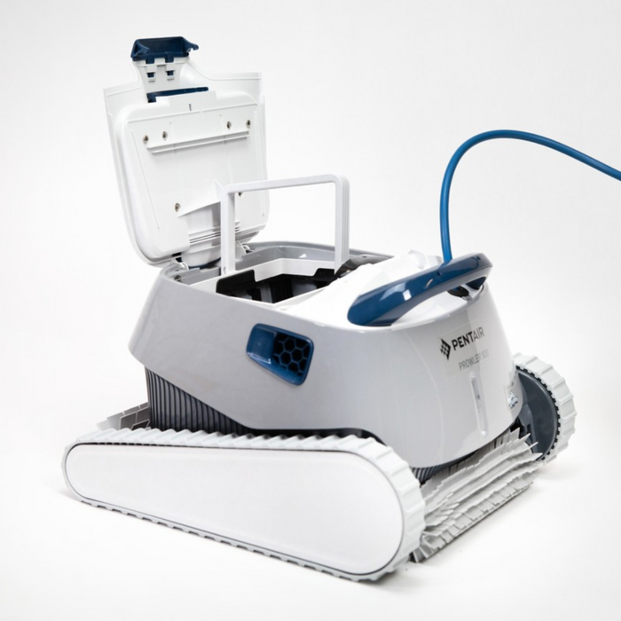 The Pentair 360322 Prowler 920 Inground Robotic Pool Cleaner from Pentair Pool boasts a high-speed scrubbing mechanism and an open lid that reveals its internal compartment and connected blue hose, along with a top-access filtration basket for added convenience.