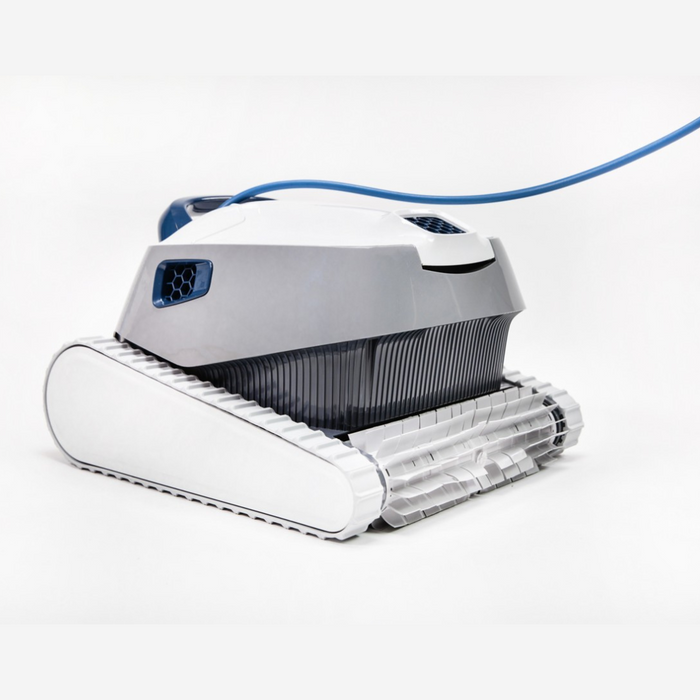 The Pentair 360322 Prowler 920 Inground Robotic Pool Cleaner by Pentair Pool, featuring a white and gray design with tank-like treads, offers high-speed scrubbing on a white background.