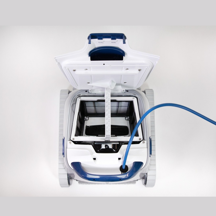 Top view of an open Pentair Pool Pentair 360322 Prowler 920 Inground Robotic Pool Cleaner with a blue hose attached, revealing the internal compartment and top-access filtration basket.