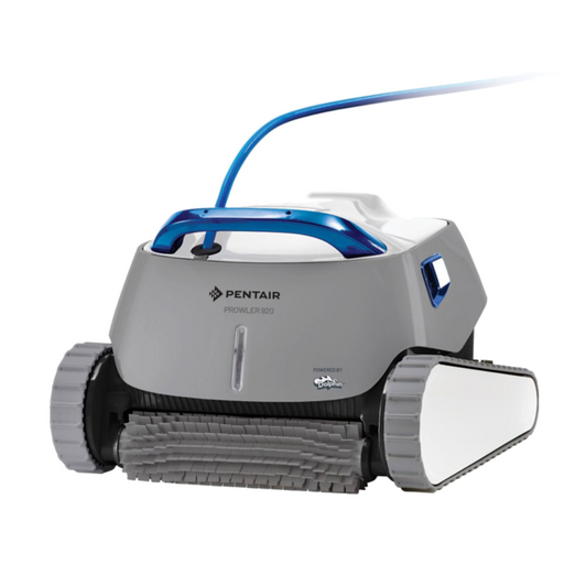 The Pentair 360322 Prowler 920 Inground Robotic Pool Cleaner by Pentair Pool features a blue handle, gray body, and white side panels. It is equipped with High-Speed Scrubbing technology and comes with a convenient Top-Access Filtration Basket for easy maintenance.