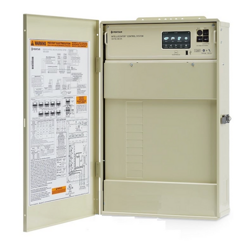 An open electrical control panel revealing internal wiring diagrams and controls, featuring the energy-efficient Pentair Pool 523448 IntelliCenter System - Load Center with i5P Personality Kit for seamless pool management.