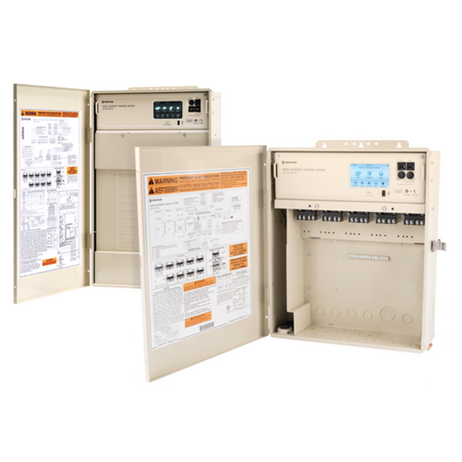 Electrical control panels with open doors revealing circuit breakers, warning labels, and the Pentair 523448 IntelliCenter System - Load Center with i5P Personality Kit from Pentair Pool designed for energy-efficient management.