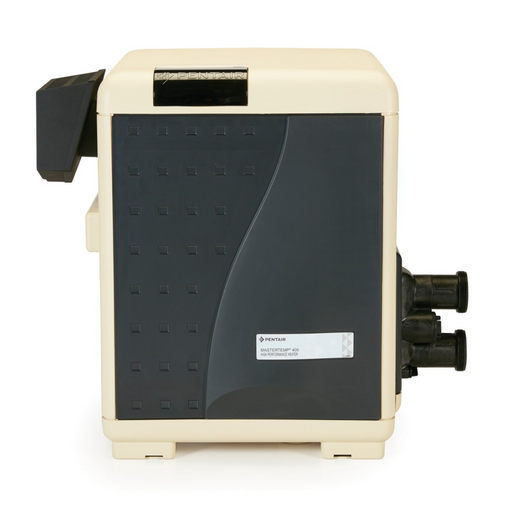 A beige and dark grey Pentair MasterTemp High Performance Pool Heater 175K-400K BTU, equipped with attached vents and a side control panel, labeled "Pentair MasterTemp 400," is compatible with Pentair Automation Systems for enhanced control.