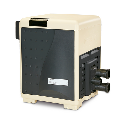 The Pentair MasterTemp High Performance Pool Heater 175K-400K BTU from Pentair Pool features a square-shaped design with a beige and black exterior, multiple pipe connections on the right side, and is compatible with Pentair Automation Systems.