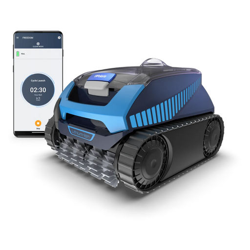 Introducing the Polaris FREEDOM™ Cordless Robotic Cleaner in blue, equipped with durable treads and powered by a robust lithium-ion battery. This cleaner is highlighted next to a smartphone showing the user-friendly iAquaLink app for seamless control.