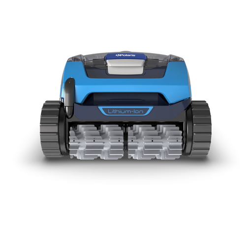 The Polaris FREEDOM™ Plus Cordless Robotic Cleaner with LiFi, Remote, and Caddy is a blue robotic pool cleaner featuring tank-like tracks, shown against a white background.