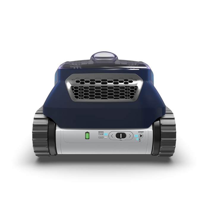 Front view of the Polaris FREEDOM™ Plus Cordless Robotic Cleaner with LiFi, Remote, and Caddy, featuring treads and an intuitive control panel, set against a pristine white background.