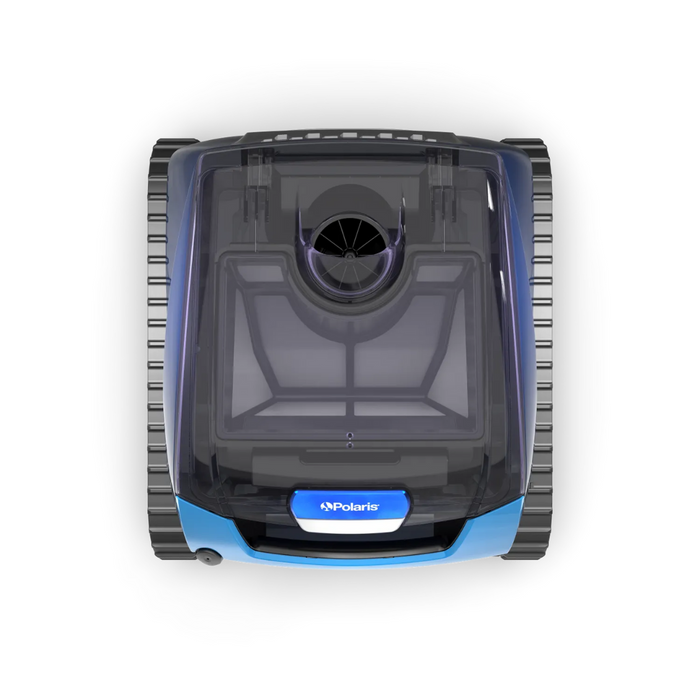 Top view of the Polaris FREEDOM™ Plus Cordless Robotic Cleaner with LiFi, Remote & Caddy in blue, set against a white background.
